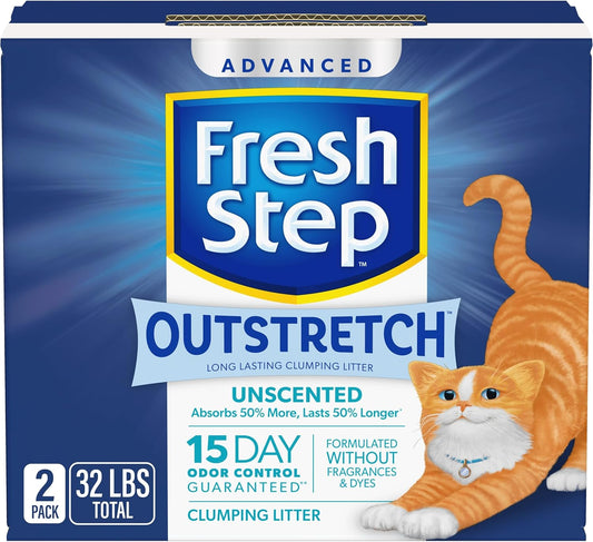 Fresh Step Outstretch Advanced Long Lasting Clumping Litter Simply Unscented, Activated Charcoal Litter Lasts 50% Longer, 32 lbs. (2 x 16 lb. Box)