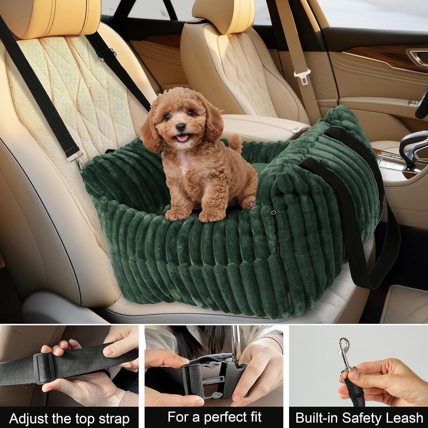 Dog Car Booster Seat, for Small Dogs Under 30 lbs, Detachable Washable Travel Bed with Storage Pockets and Safety Belt (Green, Medium)