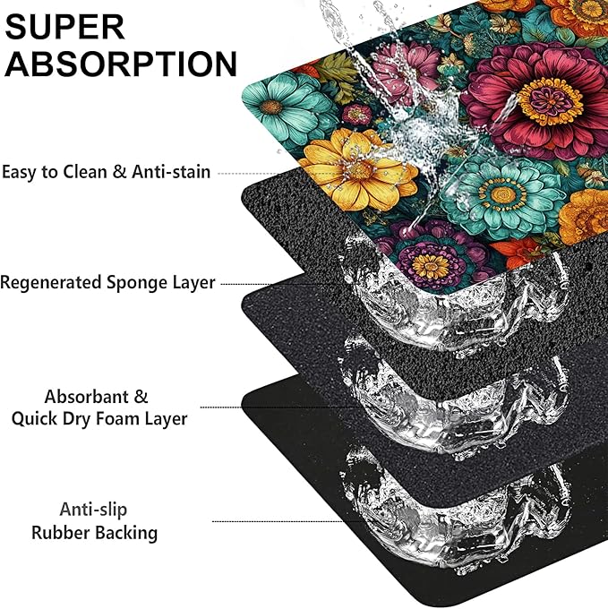 Vintage Floral Pet Feeding Mat-Quick Dry Absorbent Dog Cat Food Mat, Anti-Slip Water Bowl Mats for Messy Eaters-No Stains Indoor Pet Accessories 12"x20"