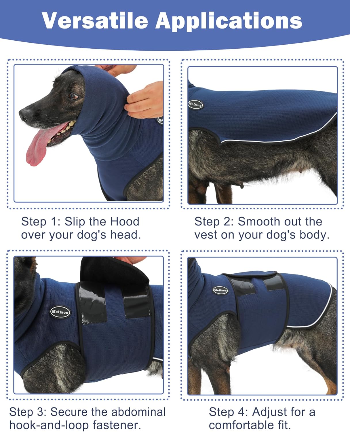 Dog Anxiety Vest with Hood, Skin-Friendly Thunder Jacket for Dogs, All-in-One Dog Calming Shirt with Hood for Thunder, Fireworks, Separation - Keep Pet Calm Without Medicine, Dark Blue, M