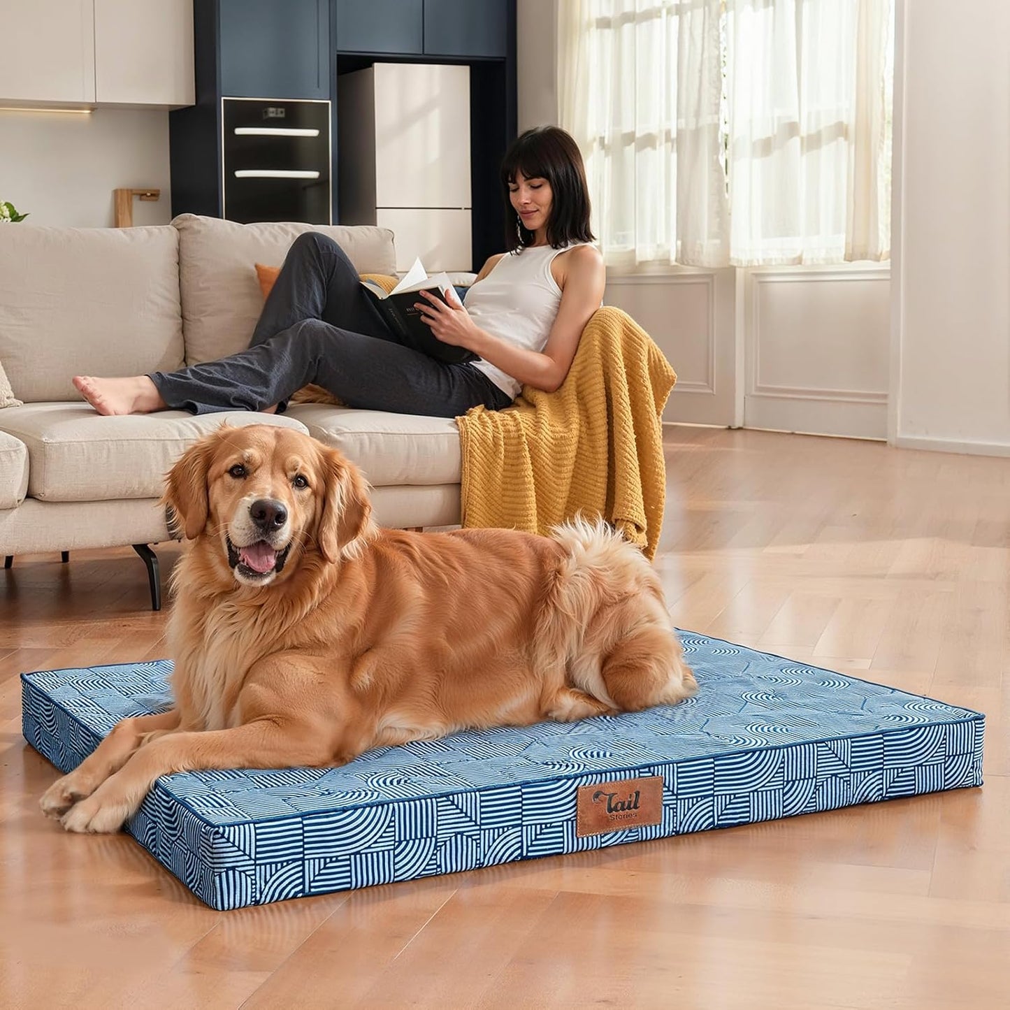 Outdoor Dog Bed for Medium/Small Dogs, Waterproof Dog Bed for Medium Dogs Cats, Orthopedic Egg Crate Foam Pet Bed with Washable Removable Oxford Cover, White Blue