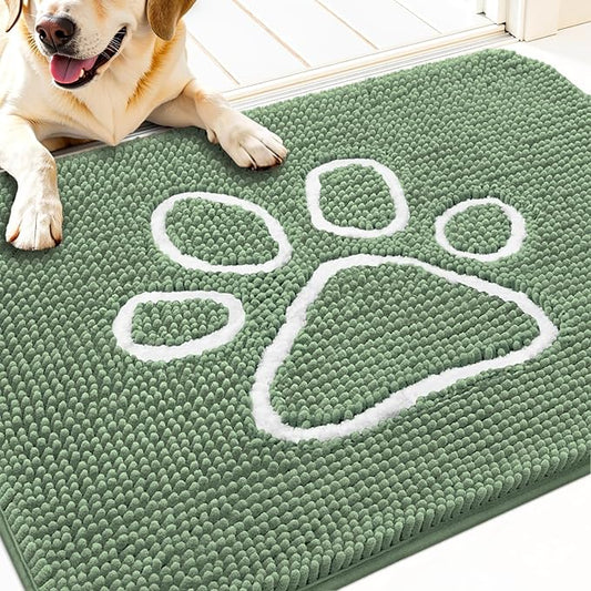 OLANLY Door Mat for Muddy Dog Paws 30x20, Absorbent Chenille Doormat with Paw Print Design, Non-Slip Washable Doormat for Indoor Entryway, Quick-Dry Pet Bed Mats for Dirty Dogs, Olive Green and White