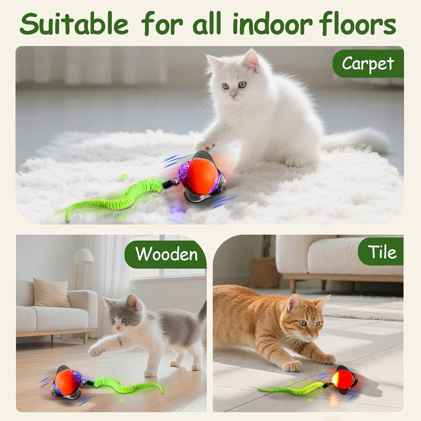 Interactive Cat Toy Ball – Firefly Automatic Moving Electric Kitten Toy with 2 Feather Tails, 3-Speed Modes, USB Rechargeable, Chirping Sounds & Motion Activation for Bored Cats