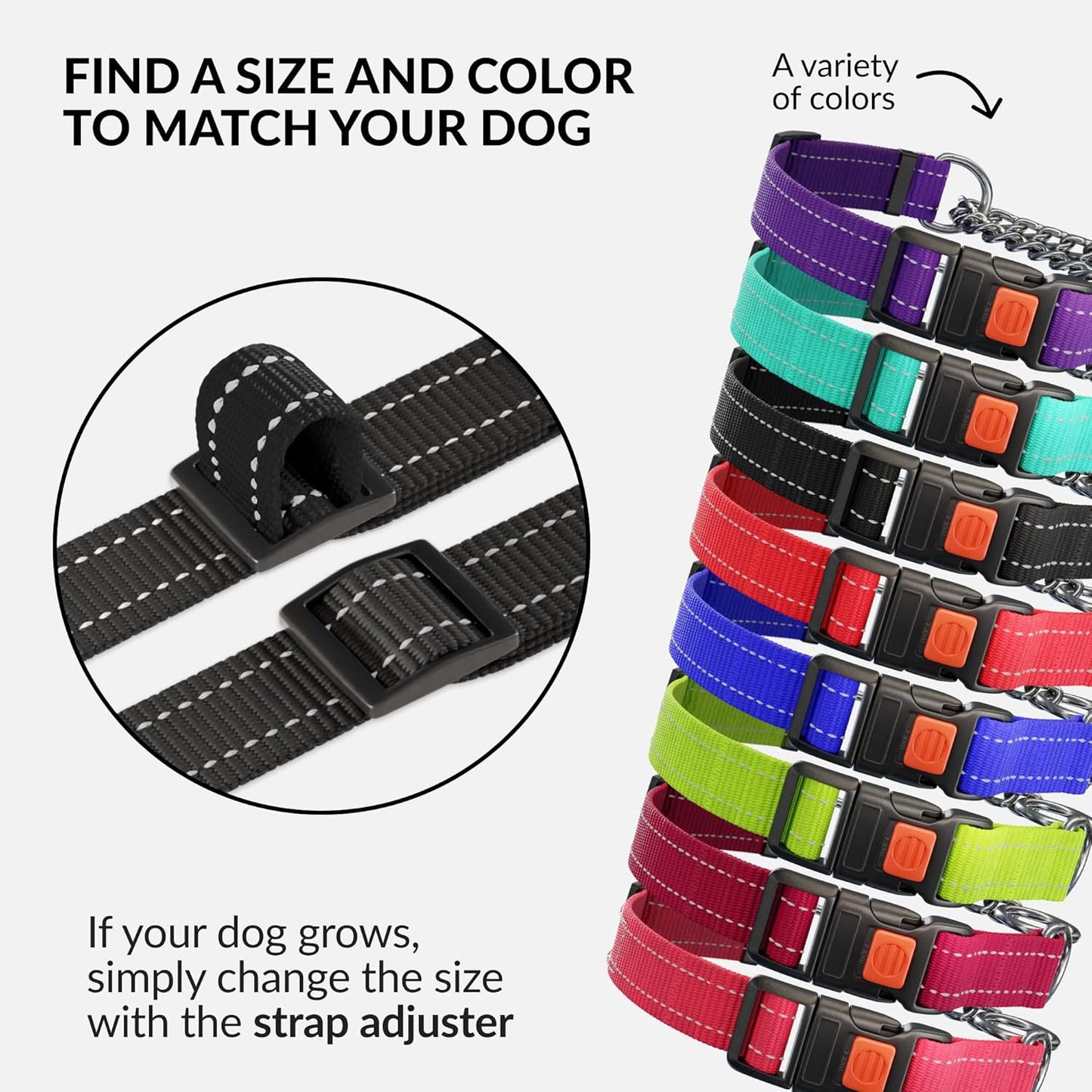 CollarDirect Martingale Dog Collar with Stainless Steel Chain and Quick Release Buckle - Reflective Collar for Large, Medium, Small Dogs - Black, Medium (Neck Size 14"-17")