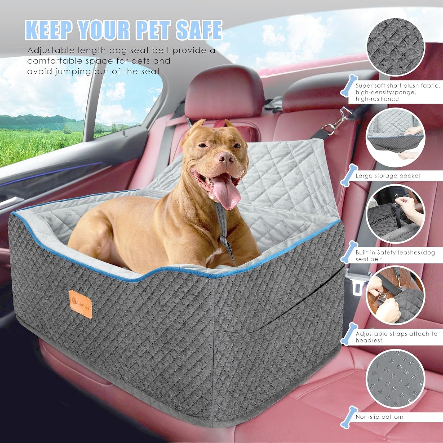 Dog Car Seat Large Size Dog, Washable Large Dog Car Seat, Detachable Memory Foam Pet Car Seat, Dog Booster Car Seat for Large Dogs 60 lbs, with 2 Dog Seat Belt and Dog Blankets