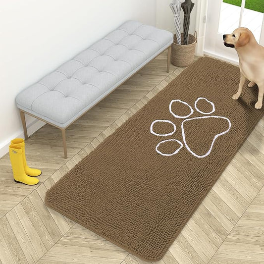 OLANLY Door Mat for Muddy Dog Paws 59x24, Ultra Absorbent Chenille Mud Doormat with Paw Print Design, Non-Slip Washable Doormat for Indoor Entryway, Quick-Dry Pet Bed Mats for Dirty Dogs, Tan