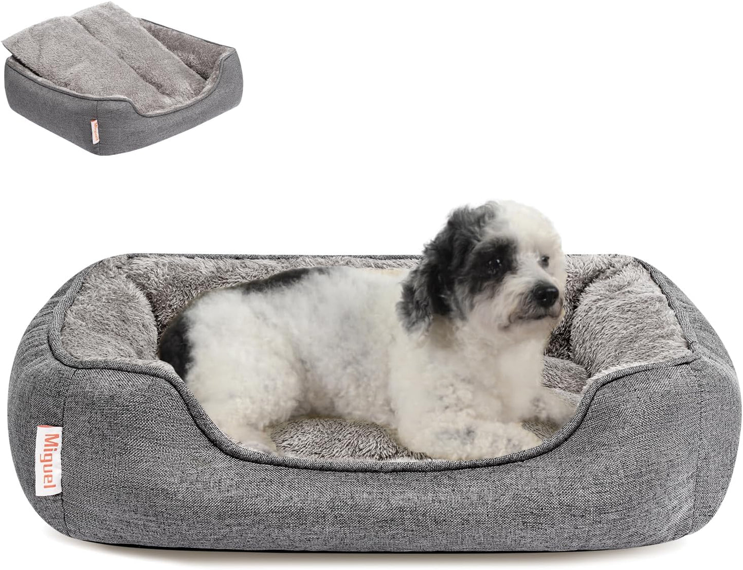 Miguel Faux Linen Dog Bed with Removable Cushion Pillow for Medium Small Dogs, Washable Pet Bed with Side Easy to Wash Puppy Bed, Rectangle Cat Bed for Indoor Cat with Anti-Slip Bottom, Gray 25 Inch