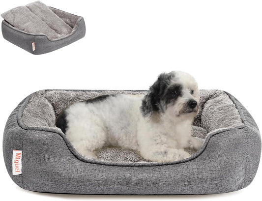 Miguel Faux Linen Dog Bed with Removable Cushion Pillow for Medium Small Dogs, Washable Pet Bed with Side Easy to Wash Puppy Bed, Rectangle Cat Bed for Indoor Cat with Anti-Slip Bottom, Gray 25 Inch