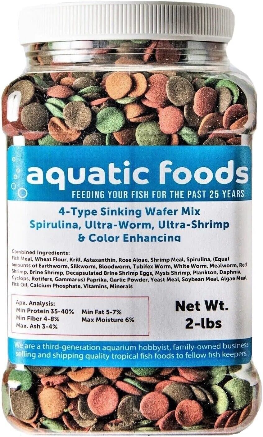 Aquatic Foods Inc. 4-Type 12mm - 1/2" Sinking Wafer Mix of Spirulina-Algae, Ultra-Worm, Ultra-Shrimp, Color Enhancing Wafers for Shrimp, Snails, Crabs, Crayfish, All Tropical Fish...2-lb Med Jar