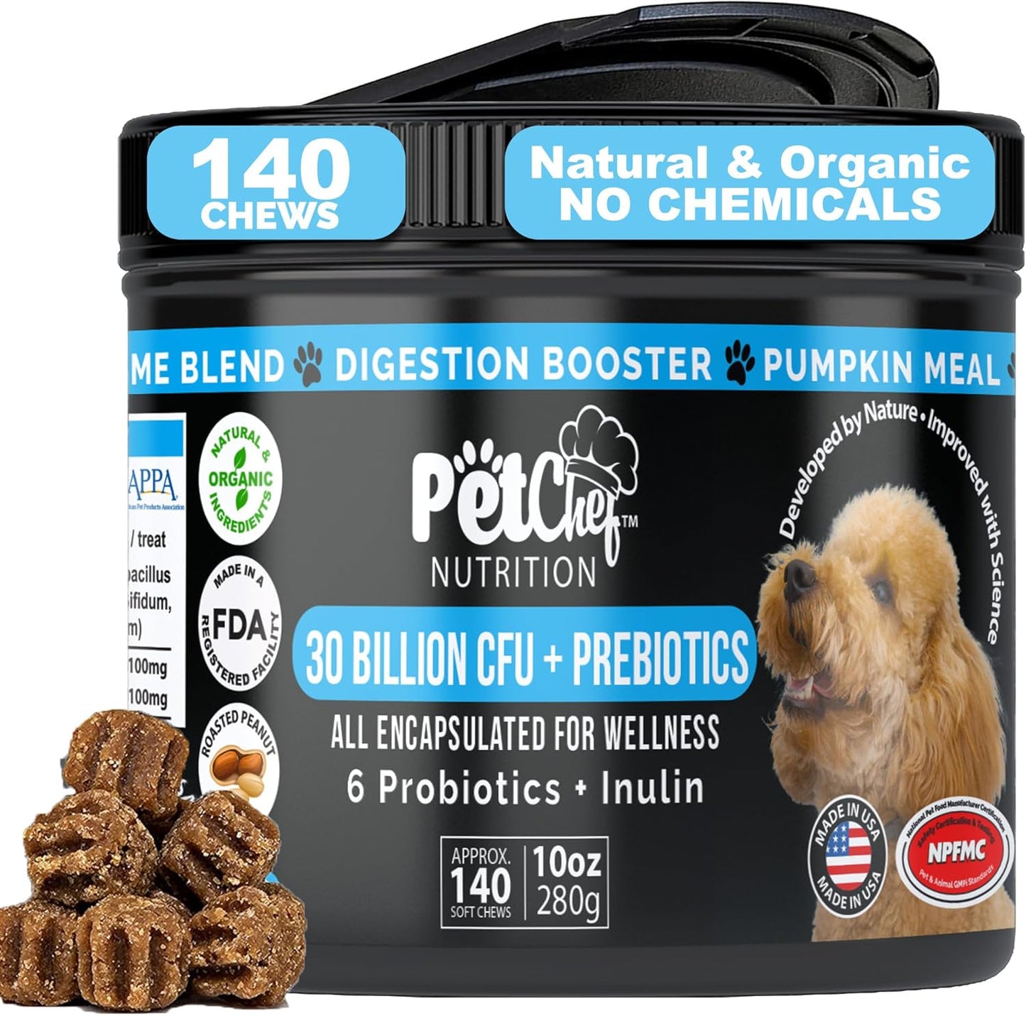 Pet Chef Cannine Probiotics: Fixes Smelly Breath, Runny Eyes, Paw Licking. Probiotics & Prebiotics for Dog Digestion Gut Health. Dog Anal Gland repair-30 Billion cfu Strong-All Ages. No Chemicals