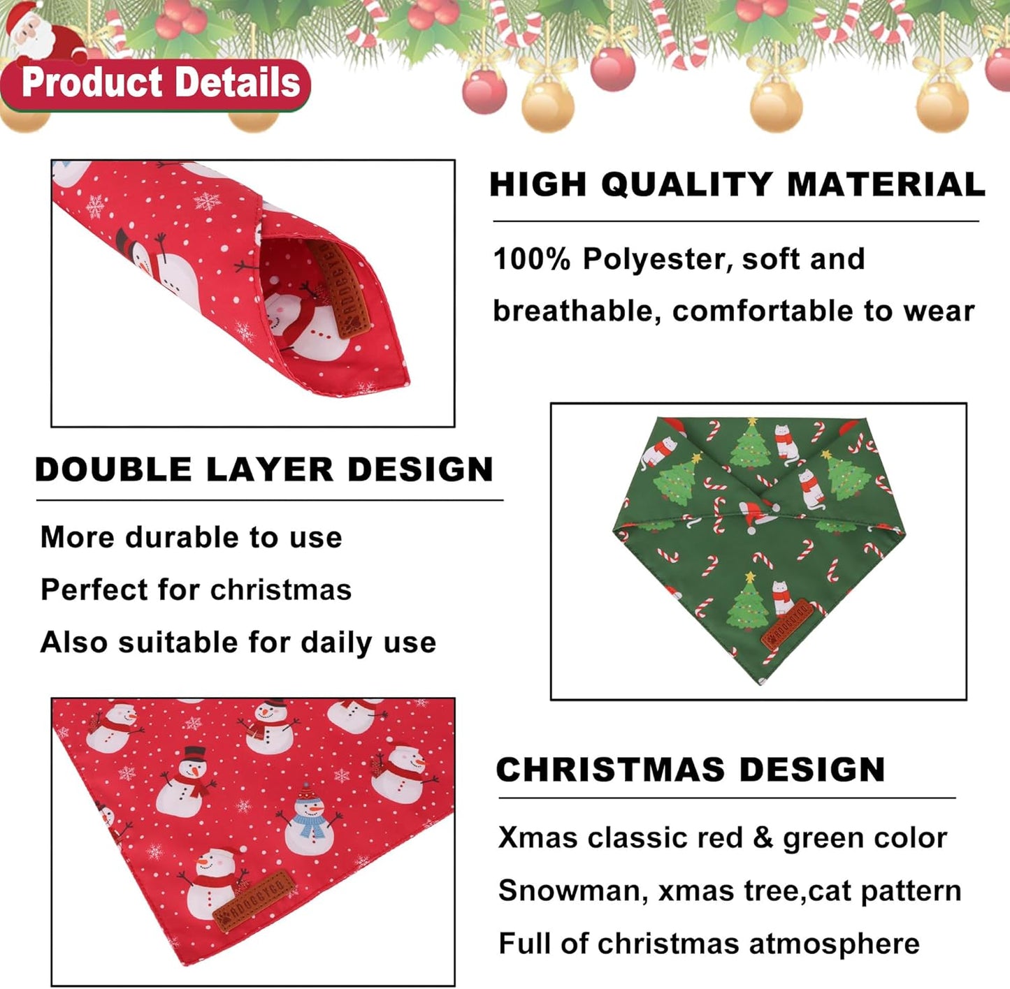 ADOGGYGO Christmas Cat Bandanas 2 Pack, Red Green Snowman Christmas Tree Bandanas for Cat Kitten