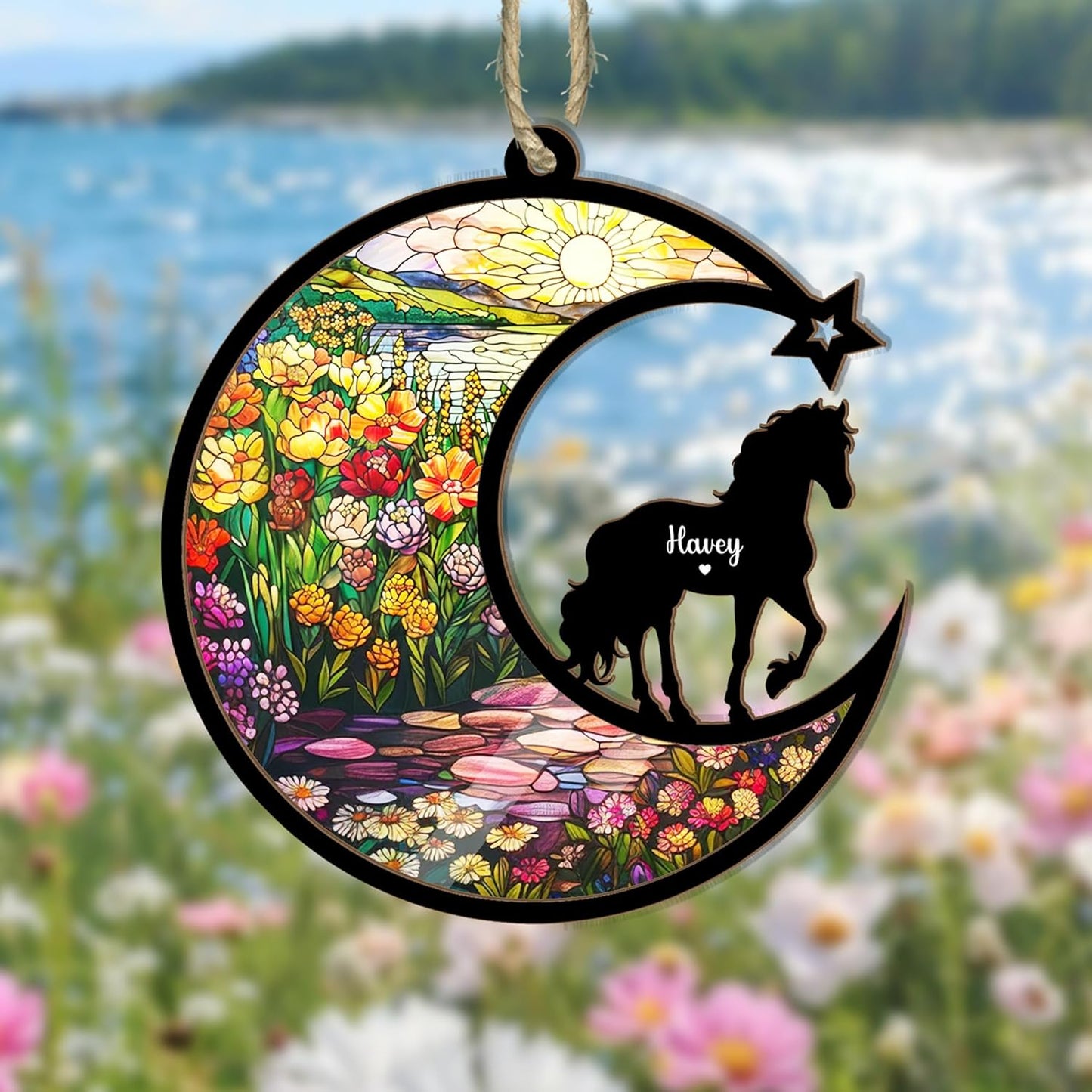Personalized Horse Memorial Suncatcher – Custom Horse Silhouette with Name, Moon & Floral Background, Horse Loss Gift, Gift for Horse Lovers