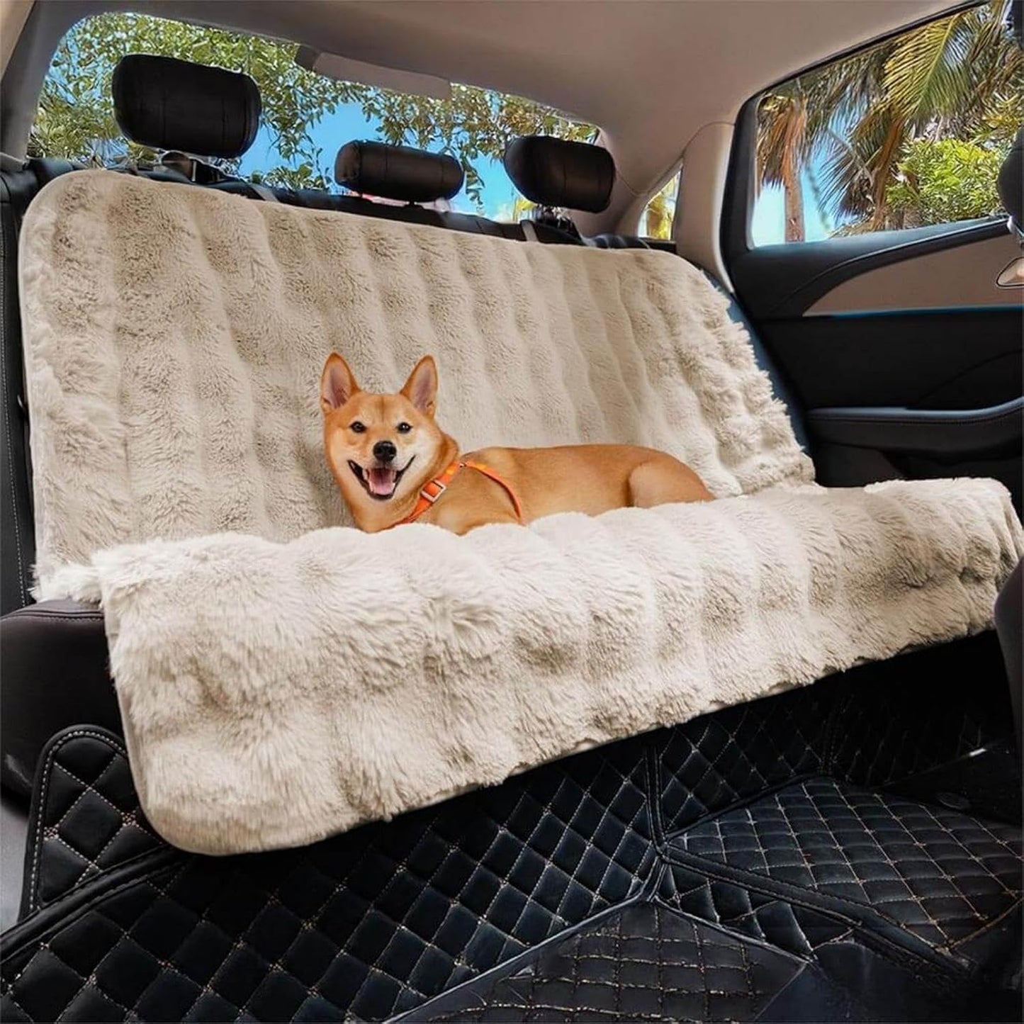 FUNNY FUZZY Fluffy Dog Car Seat Cover for Back Seat (Bench), Water-Resistant with Nonslip Backing,Pet Seat Protector for Cars SUVs Trucks（Beige