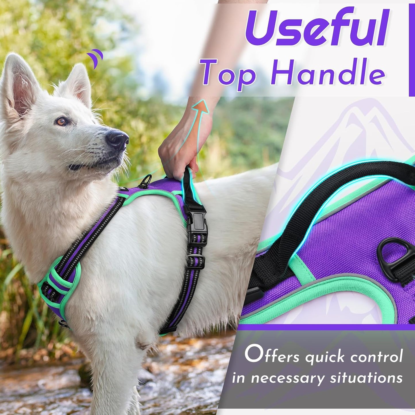 Eagloo Dog Harness for Large Dogs, No Pull Service Vest with Reflective Strips and Control Handle, Adjustable and Comfortable for Walking, No Choke Pet Harness with 2 Metal Rings, Purple & Green, L