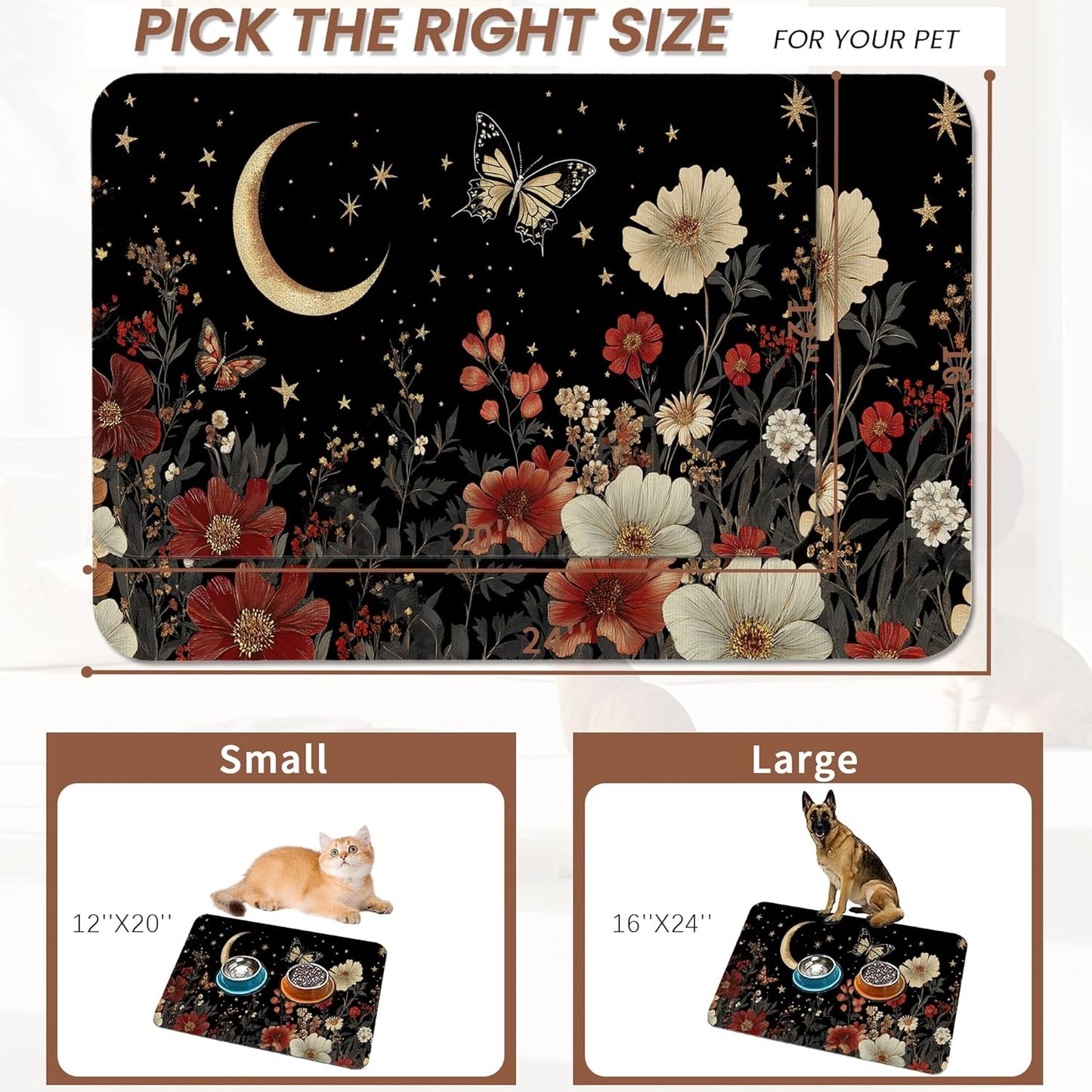 Moon Butterfly Pet Feeding Mat,Vintage Garden Luxury Absorbent Quick-Dry Cat Dog Food and Water Bowl Mats,Non-Slip Rubber Backing Mat,Cat Dog Accessories Supplies 16"x24"