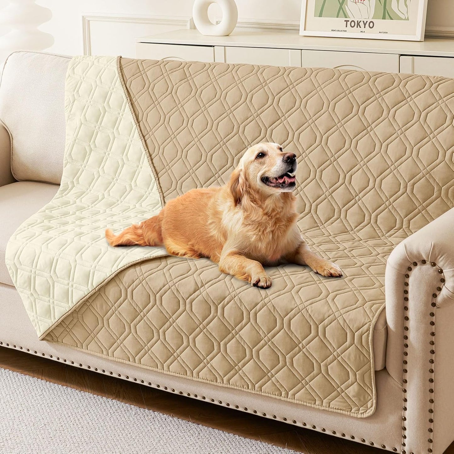 hyha Waterproof Dog Bed Blanket, Soft Pet Blankets, Waterproof Couch Cover for Dogs, Reversible Sofa Covers Washable for Furniture (68x82 Inch, Camel/Beige)