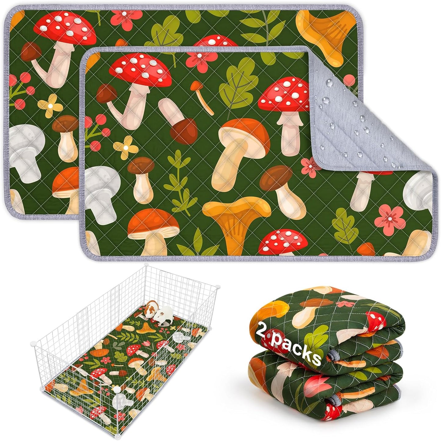 Bienbee Guinea Pig Bedding, 2 Pack 29" x 16" Reusable Guinea Pig Cage Liner Waterproof and Absorbent Small Animal Bedding Washable Guinea Pig Pee Pads for Small Pet Hamster Rabbit Squirrel, Mushroom