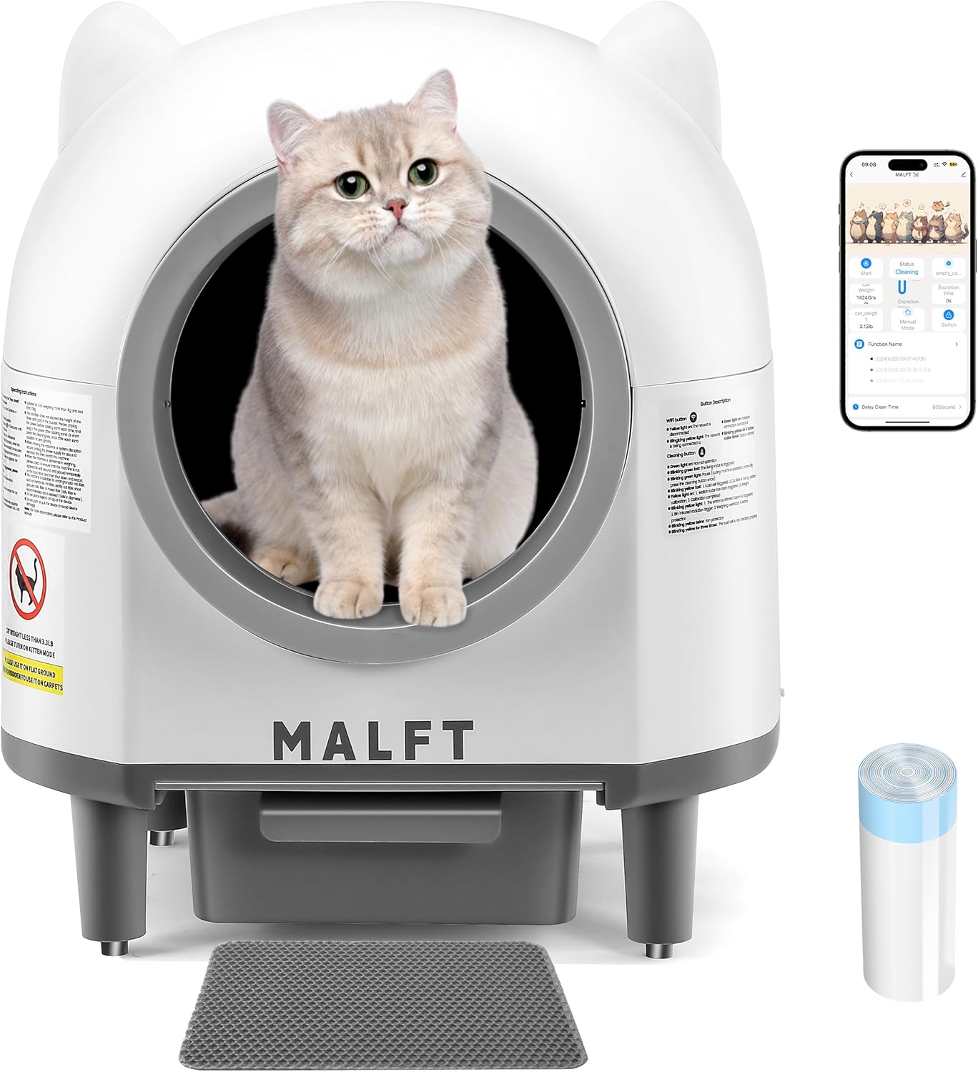 90L Self-Cleaning Litter Box – WiFi Connected Automatic Cat Litter Box, Silent Night Mode, Child & Pet Safe, Works for Multiple Cats (Comes with Anti-Slip Mat & Waste Bags)