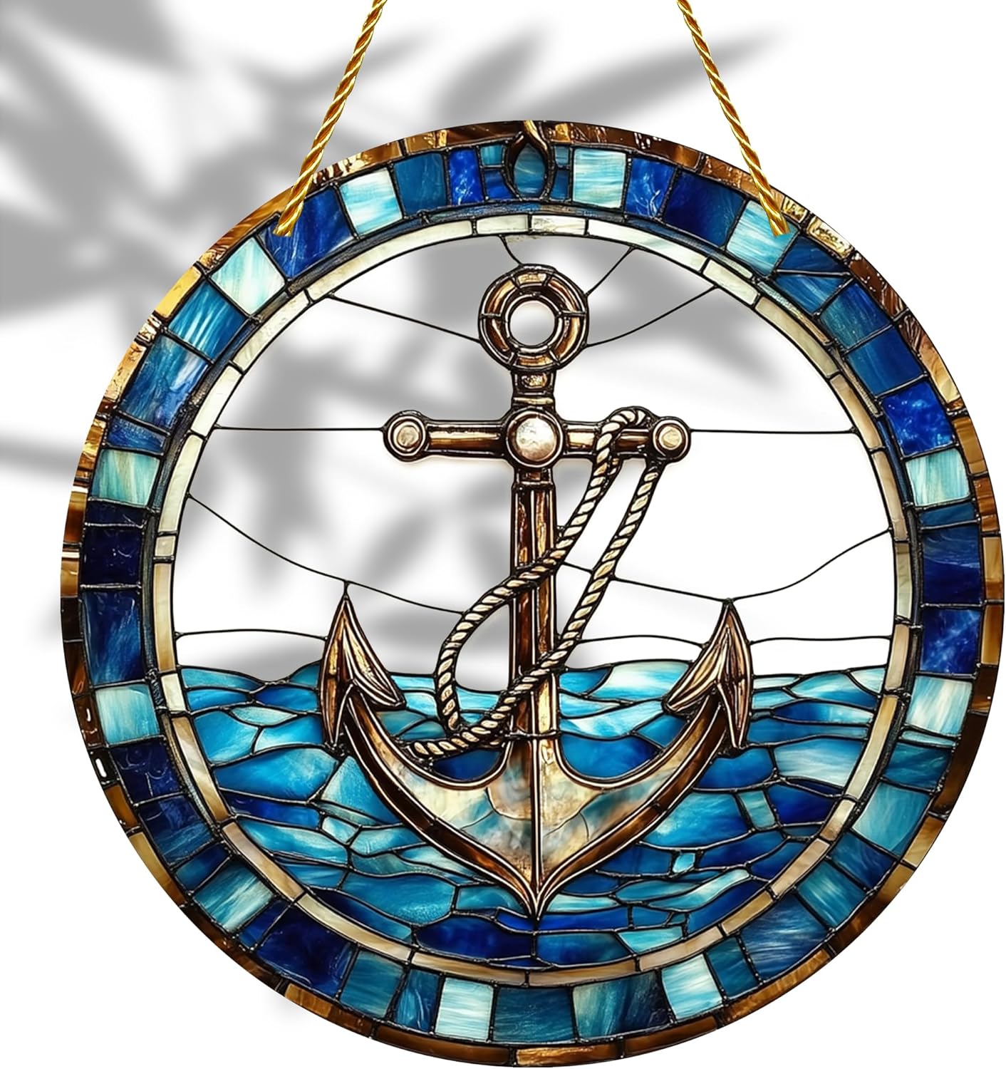 8x8 inch Charming Nautical Anchor Acrylic Stained Glass Window Hanging Sun Catcher Decor Stained Panel Hangings Wall Art Decor, for Friends and Family (Nautical)