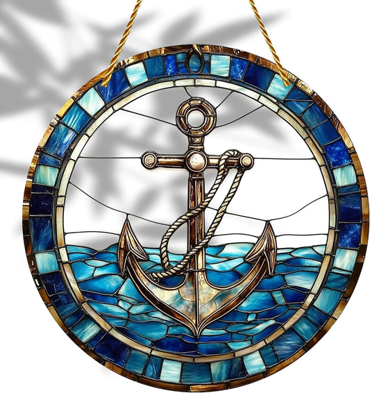 8x8 inch Charming Nautical Anchor Acrylic Stained Glass Window Hanging Sun Catcher Decor Stained Panel Hangings Wall Art Decor, for Friends and Family (Nautical)