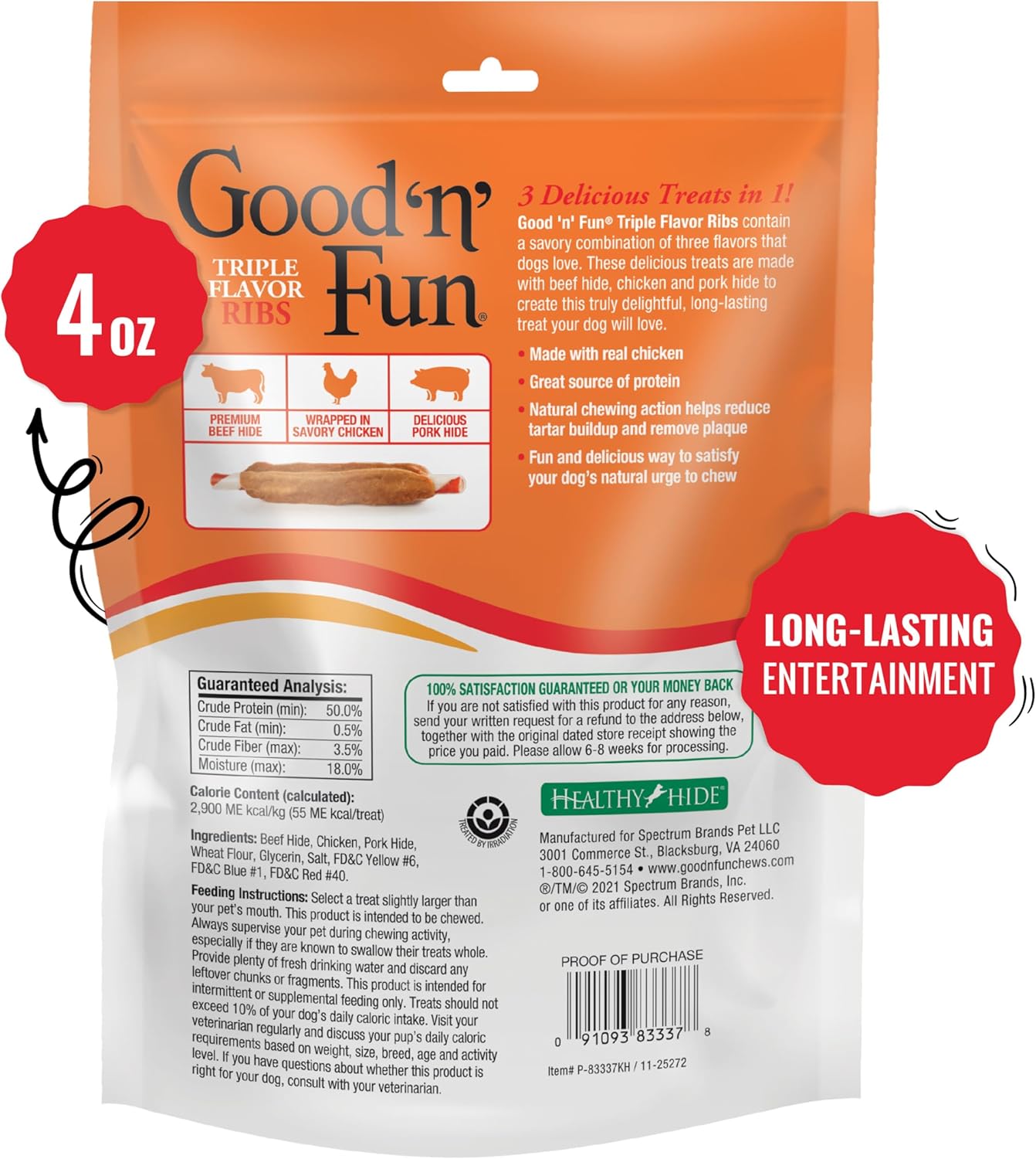 Good ‘n’ Fun Triple Flavor Ribs Chews for All Dogs, 4 Ounces, Treat Your Dog to Long-Lasting Chews Made with Beef Hide, Chicken and Pork Hide