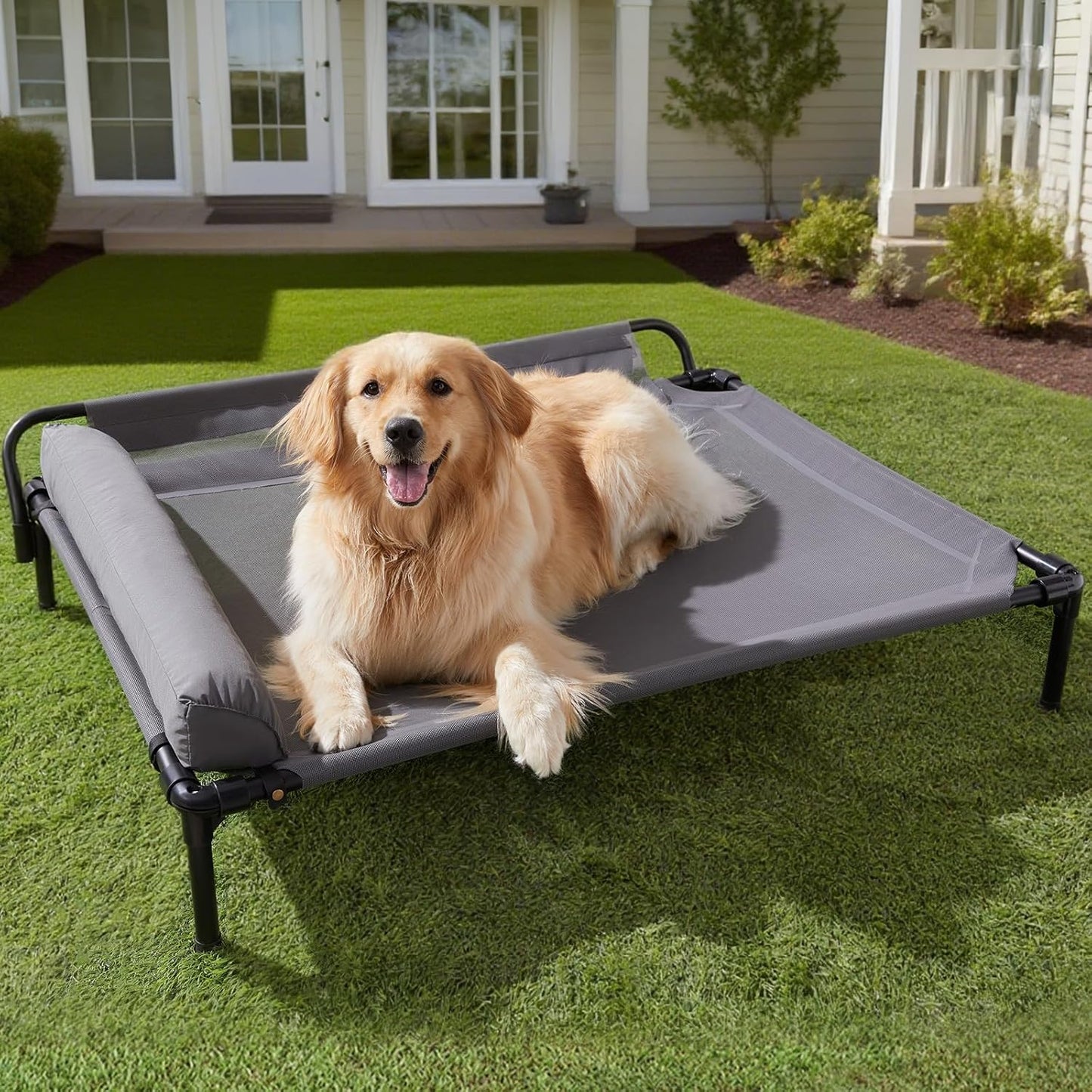 Cooling Elevated Dog Beds, Outdoor Raised Dog Bed for Large Pet, Elevated Outdoor Pet Cot, Durable Breathable Teslin Mesh with Slope Headrest, Chew Proof Portable Pet Bed for Indoor and Outdoor Use