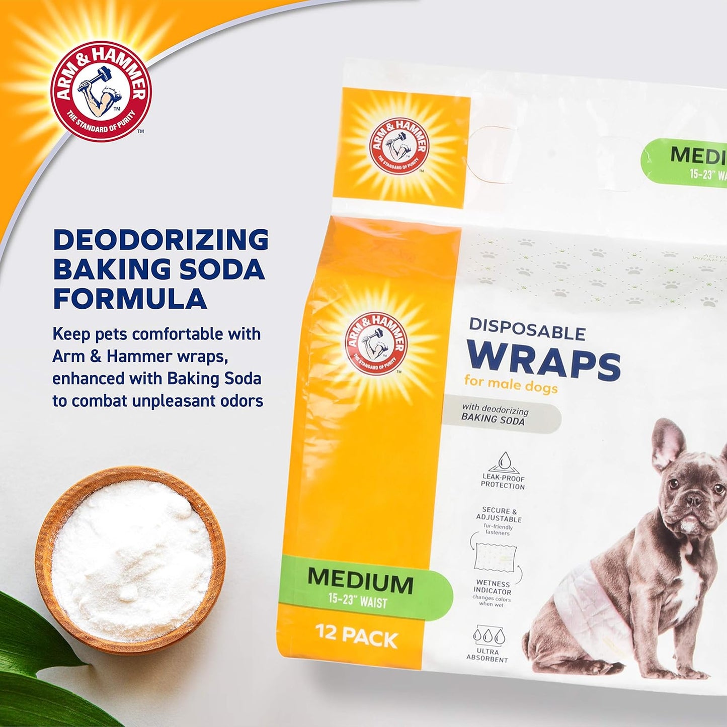 Arm & Hammer for Pets Male Dog Wraps, Medium Ultra-Absorbent, Adjustable Male Dog Diapers with Leak-Proof Protection & Wetness Indicator (Pack of 6, 72 Count Total)