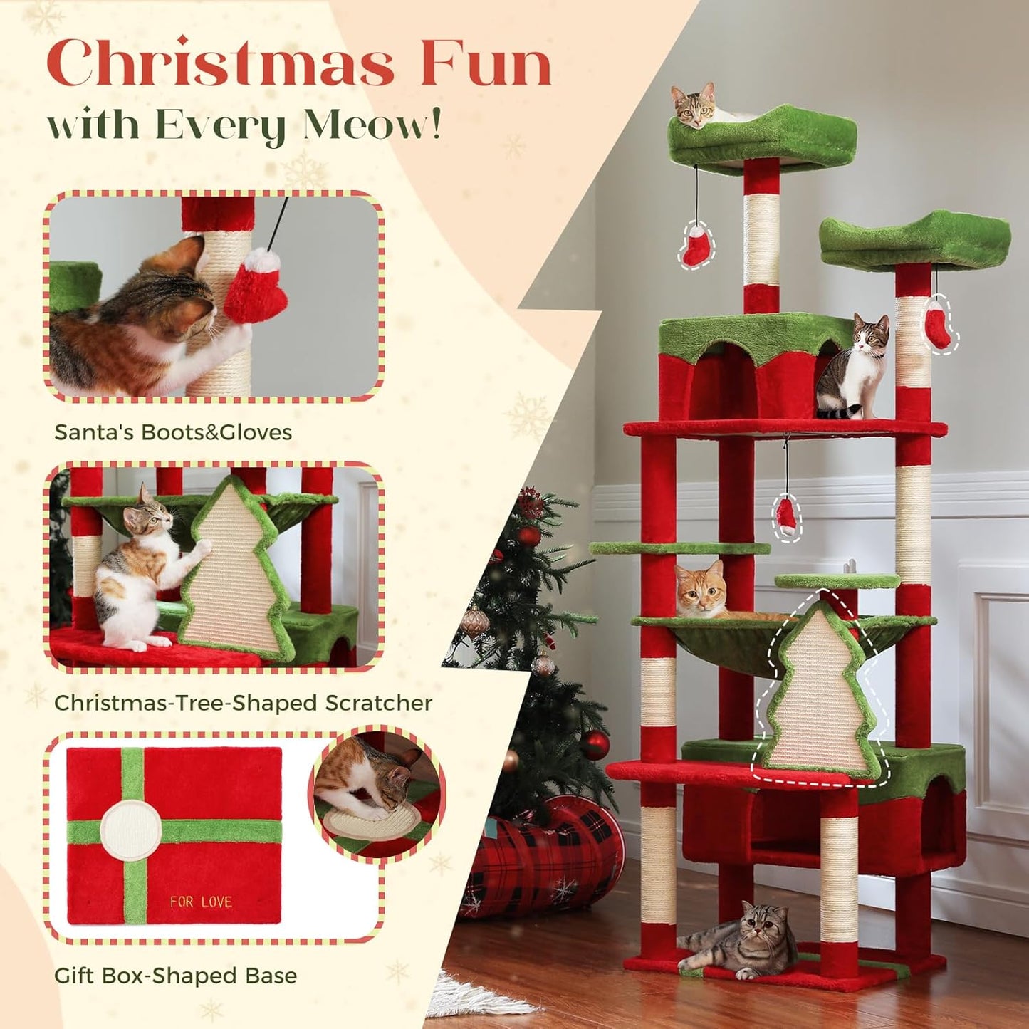 PAWZ Road Christmas Cat Tree, 72 Inches Tall Cat Tower with 2 Perches, 2 Condos and Spacious Hammock, Attractive Cat House with Xmas Tree Scratcher, 7 Scratching Posts for Large Cats