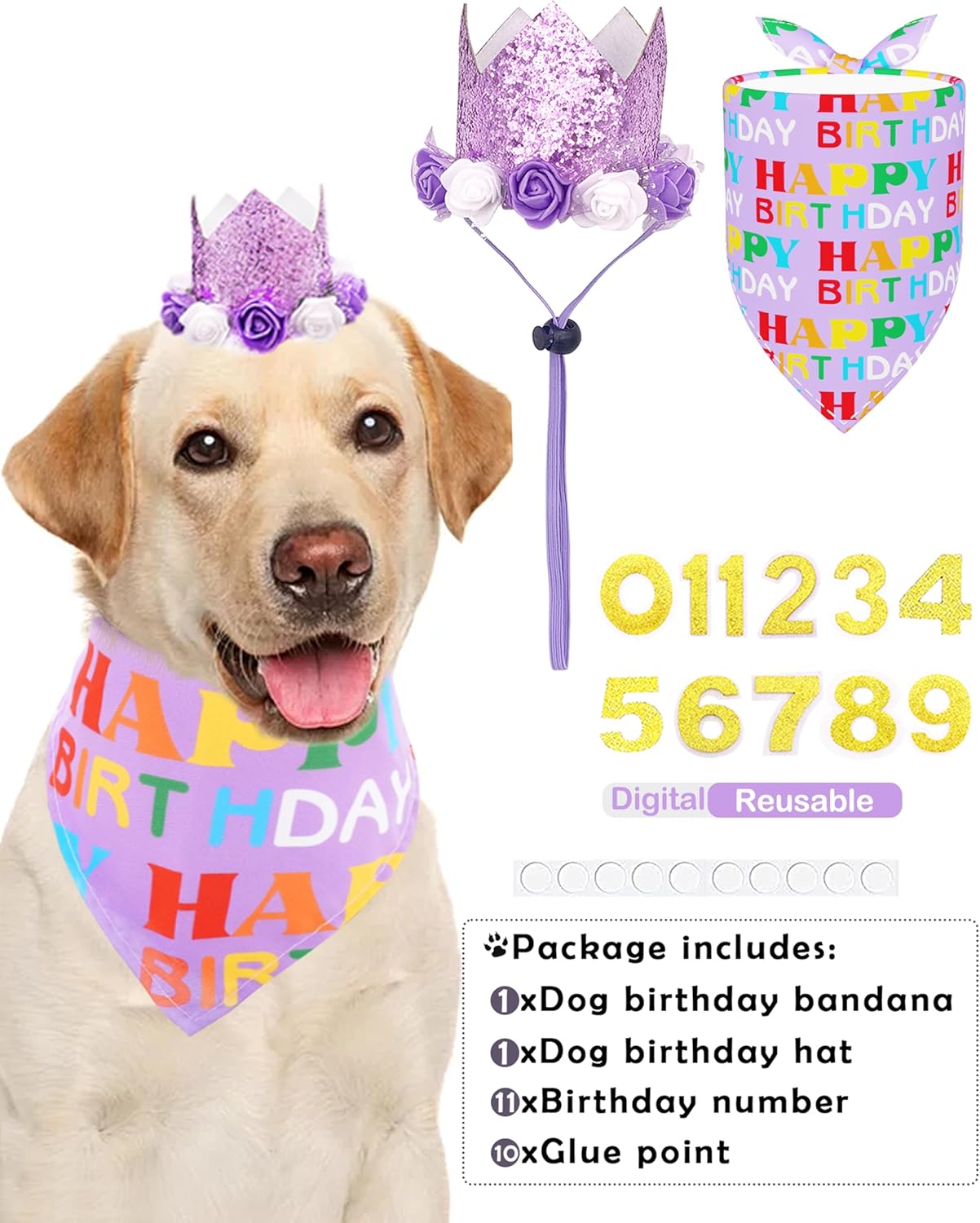 PET SHOW Purple Crown Dog Birthday Party Hat with Bandana Set for Girls Reusable Party Supplies Cat Kitten Headband with 0-9 Numbers Charms Costume Accessories with Glue