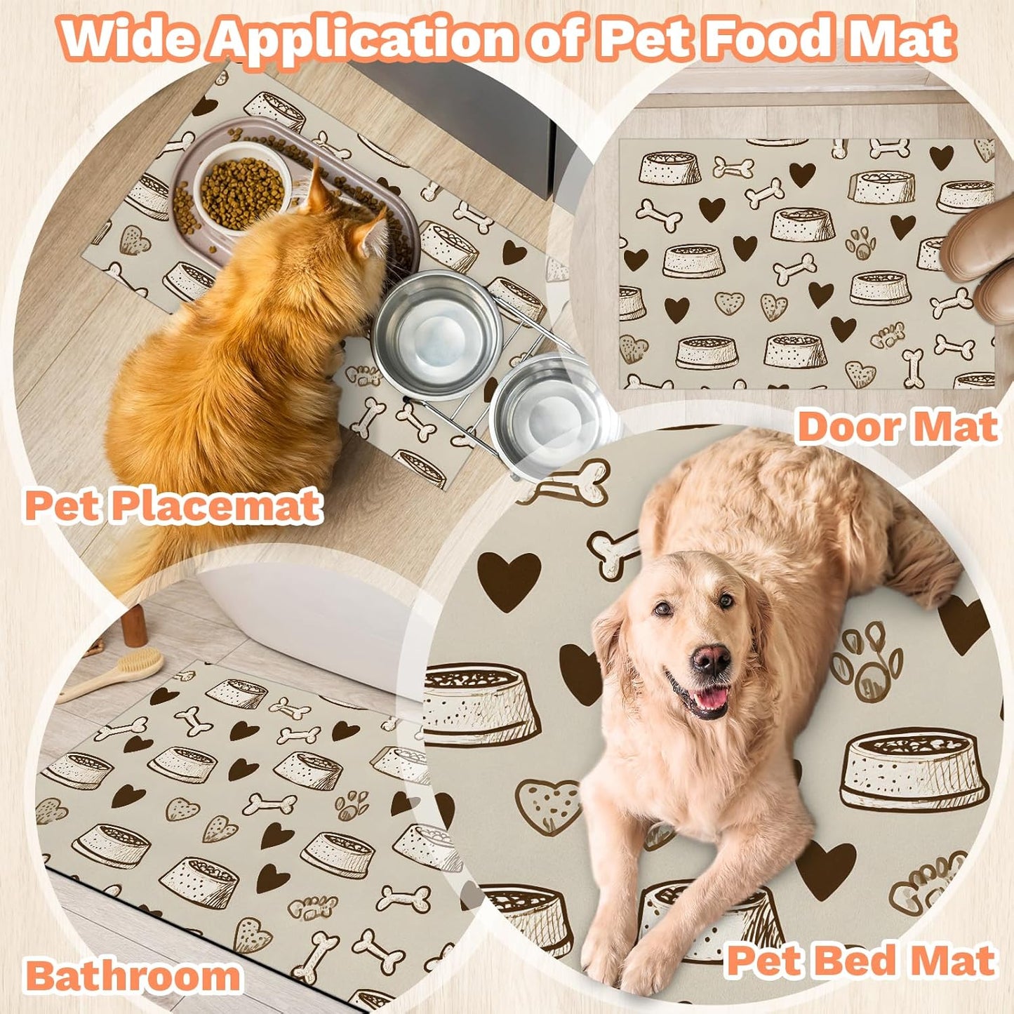 Dog Cat Food Mat,12"x20" Inches Rapid Absorbent Pet Feeding Mat,Pets Placemat Water Bowl Mats with Rubber Backing,No Stains Cat Dog Feeding Mats Indoor,Pet Accessories Supplies,Brown Dogs Paw