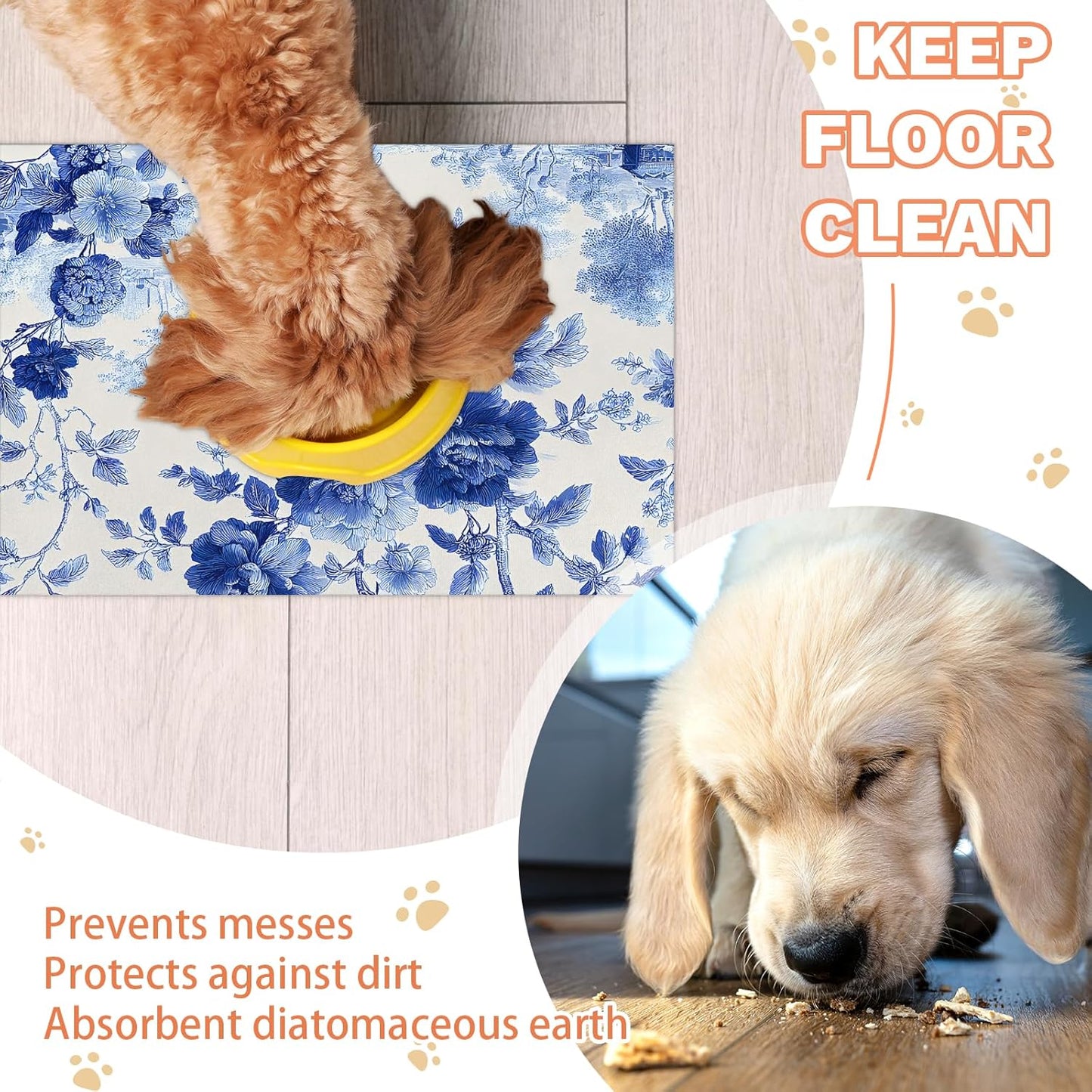 Pet Dog Cat Food Mat, Blue Floral Pet Feeding Pad, 12 * 20 Inch Absorbent Dog Food Mat, Cat Dish Mat for Food and Water, Suitable for Dog Cat or Other Pets