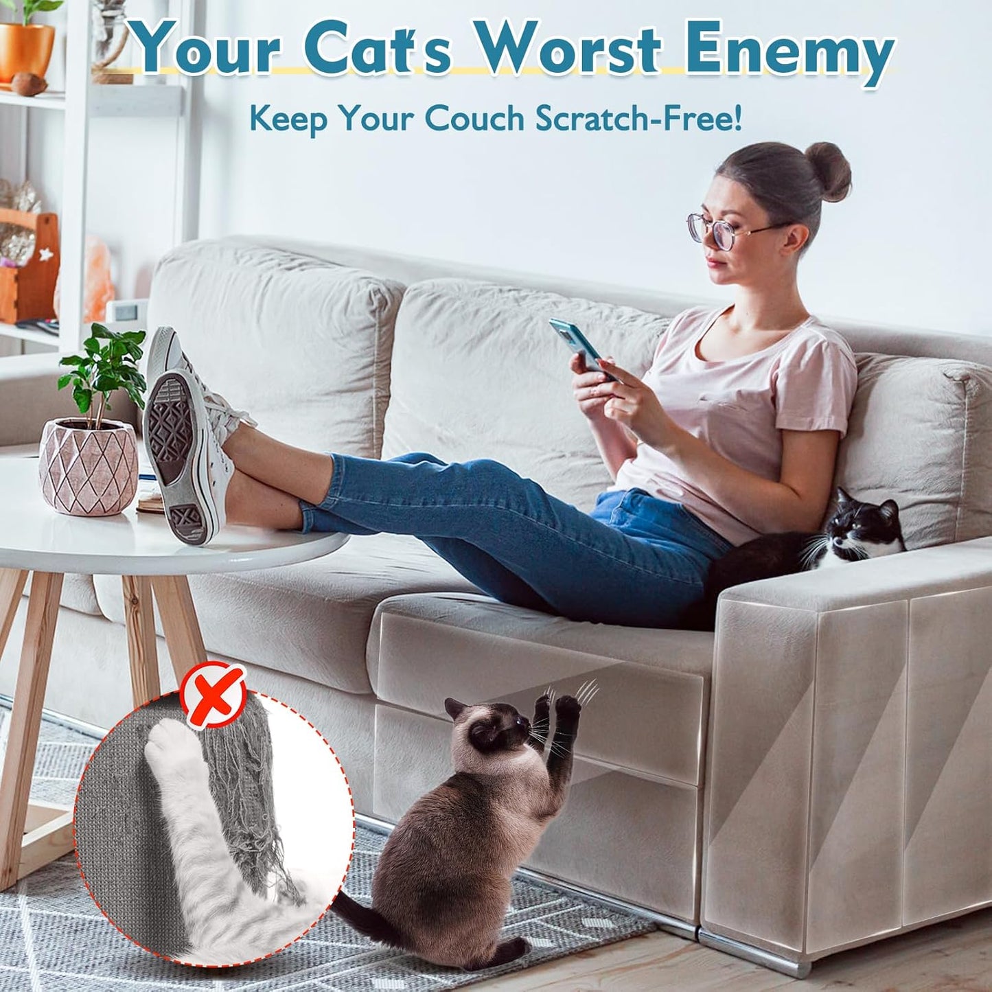 No Glue Marks Cat Scratch Furniture Protector, 17.72x 11.8 Inches Couch Protector from Cat Claws, Eco-Friendly Furniture Protectors from Cats Scratching(12-Pack+50 Pins)