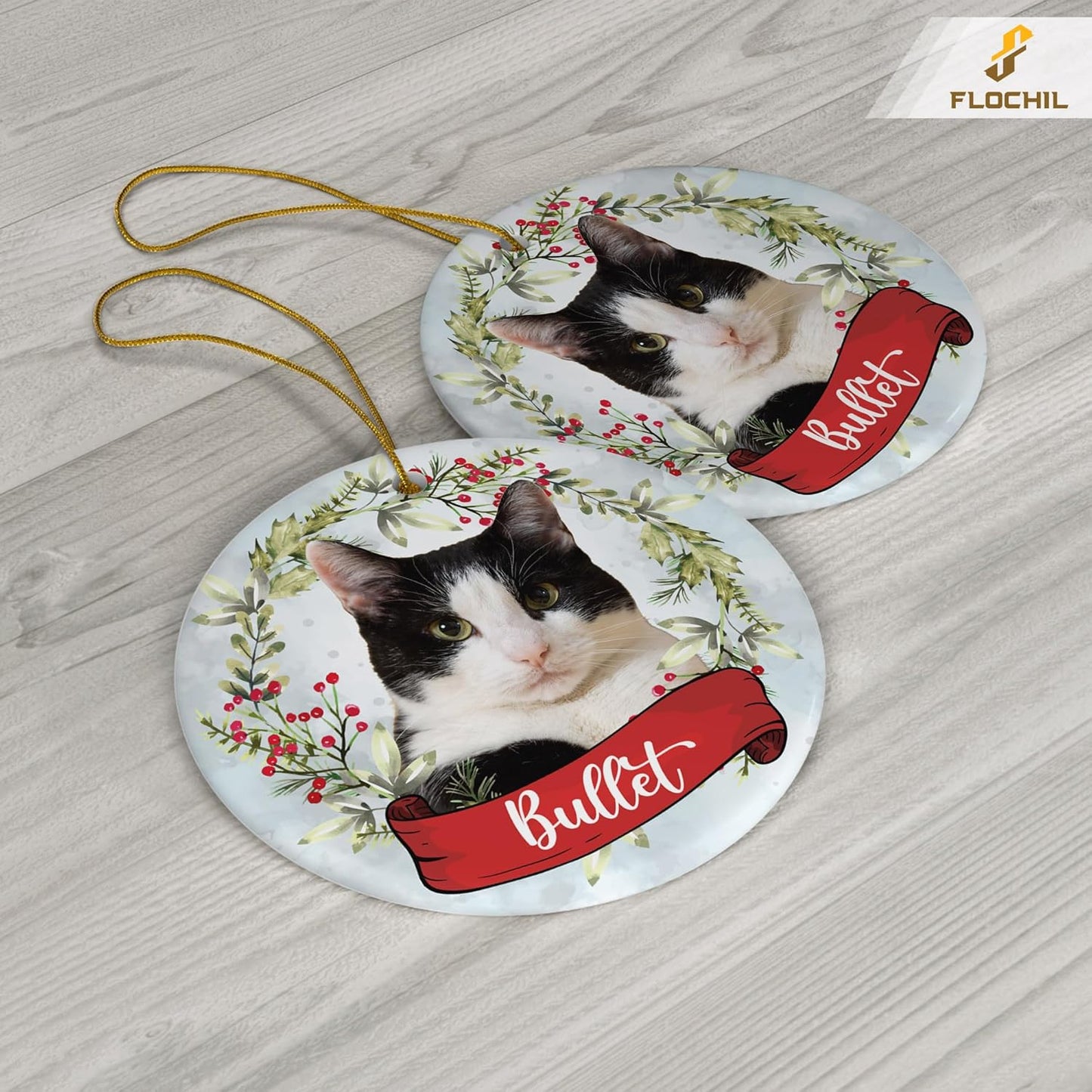 FLOCHIL Personalized Cat Christmas Ornaments Custom Photo Name for Christmas Trees, Cat First Christmas Ornaments, Gifts for Pet Lovers