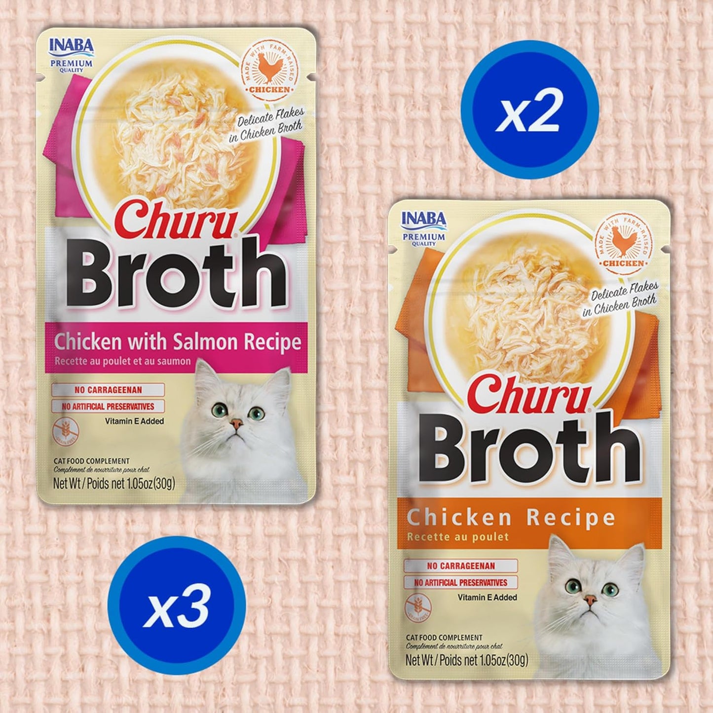 INABA Churu Broth for Cats, Creamy Broth with Shredded Chicken Side Dish Pouch, 1 Ounce per Pouch, 15 Pouches, Chicken Variety Pack