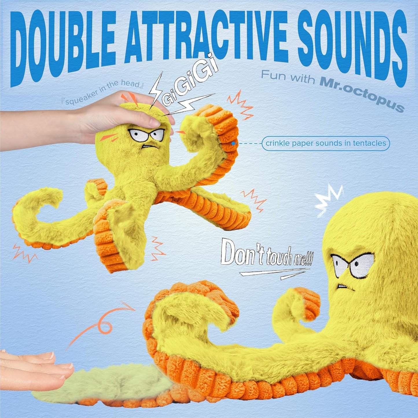 LEGEND SANDY Tough Dog Toys, Stuffed Chew Large Dog Toys to Keep Them Busy, Interactive Squeaky Tug of War Doggie Toy, Crinkle Yellow Octopus