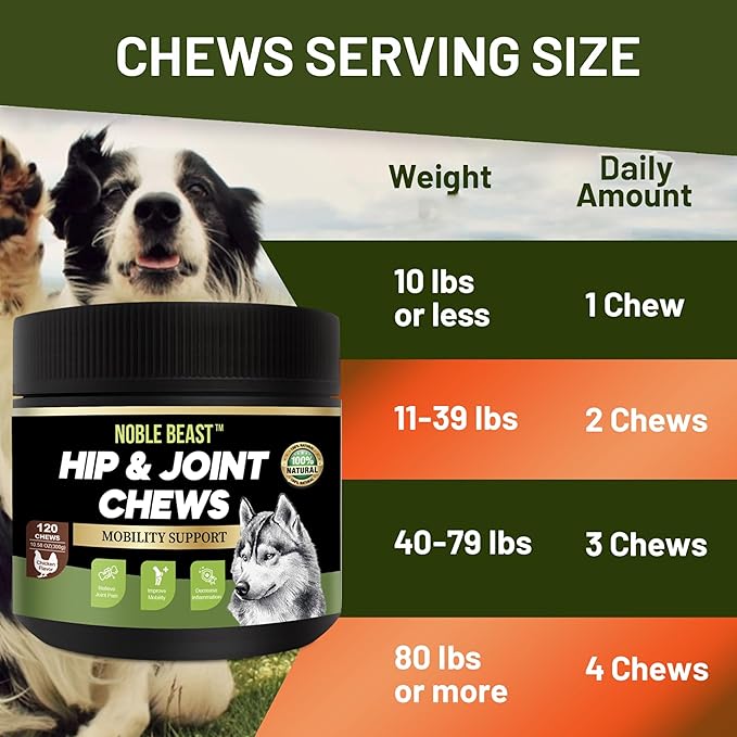 Noble Beast Dog Joint Supplement - Hip and Joint Care for Dogs - All Natural - Soft Chews with Glucosamine, Chondroitin, MSM & Hemp for Dog Joint Relief - Chicken Flavor – 120 Count