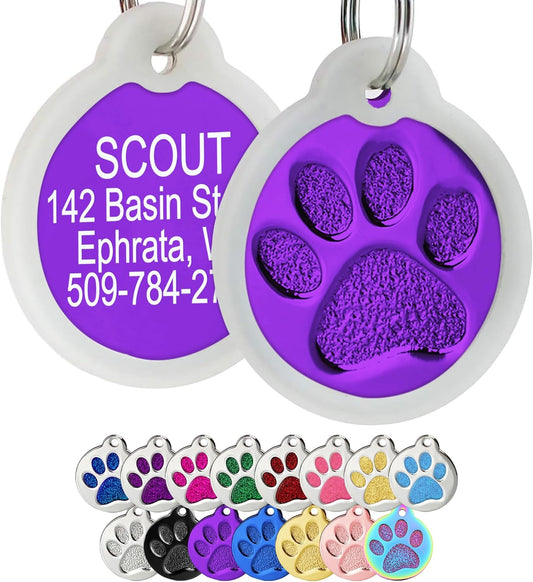 GoTags Paw Print Round Stainless Steel Pet Tag for Dogs and Cats, Personalized with 4 Lines of Custom Engraved ID Name and Number, in Stainless Steel and 15 Colors Small and Large, Purple