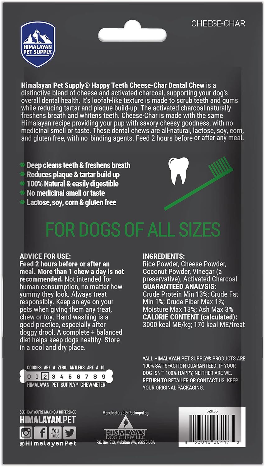 Happy Teeth Cheese & Charcoal Dental Dog Chews | Cheese Flavor with Activated Charcoal | Dental Chew | Protein Rich | Gluten Free - Lactose Free - Wheat Free - Soy Free| 2 Chews per Resealable Pouch