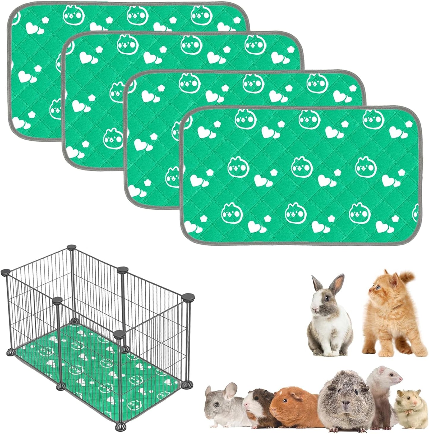 4 Pack Guinea Pig Bedding - Washable Guinea Pig Liners for C&C 2x1 Cage, Waterproof Reusable & Anti Slip Pee Pads Super Absorbent Mats for Small Animal Rabbit Hamster Rat (Green, 28 x 14 Inch)