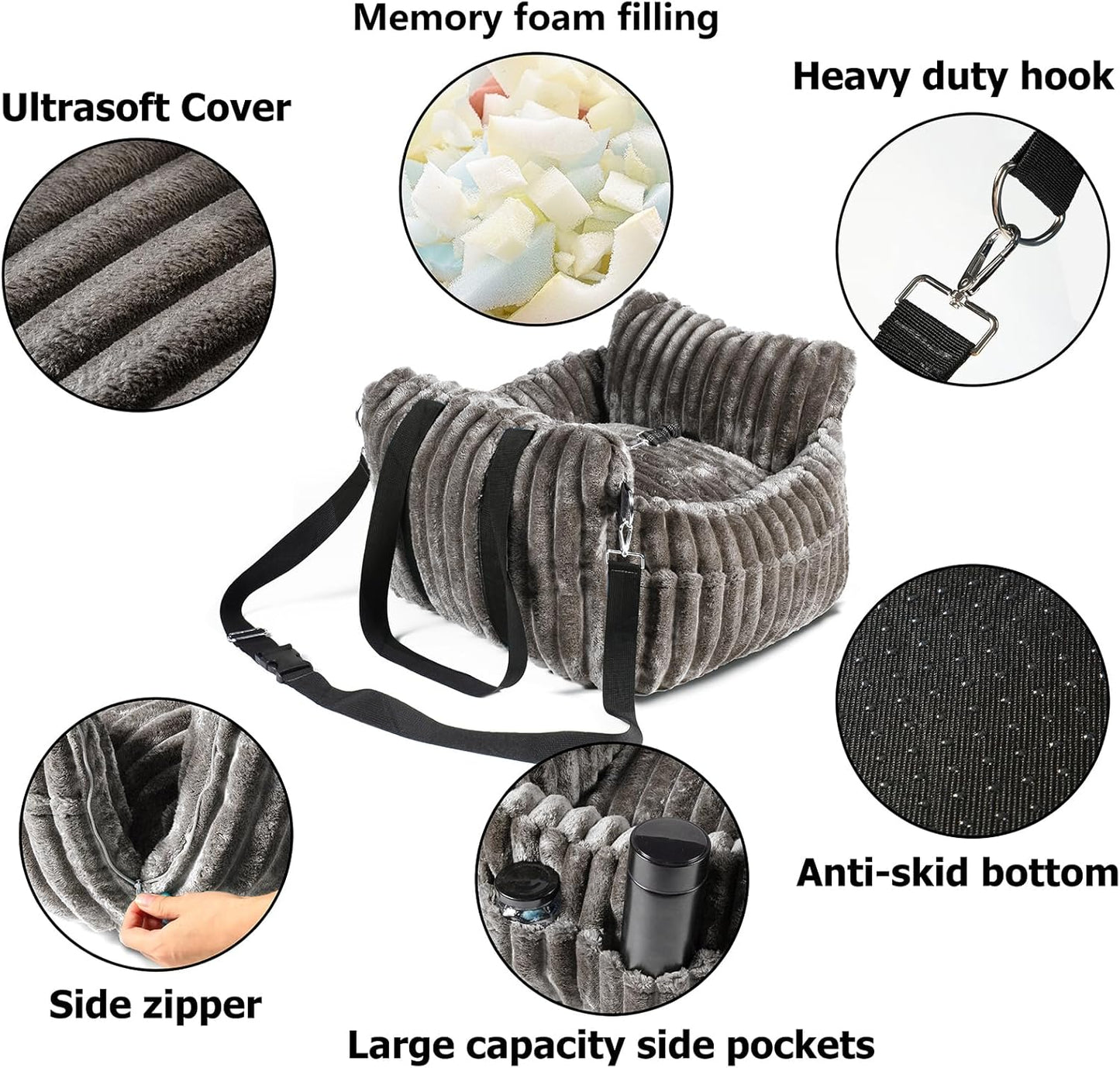 Dog Car Booster Seat, for Small Dogs Under 30 lbs, Detachable Washable Travel Bed with Storage Pockets and Safety Belt (Coffee, Medium)