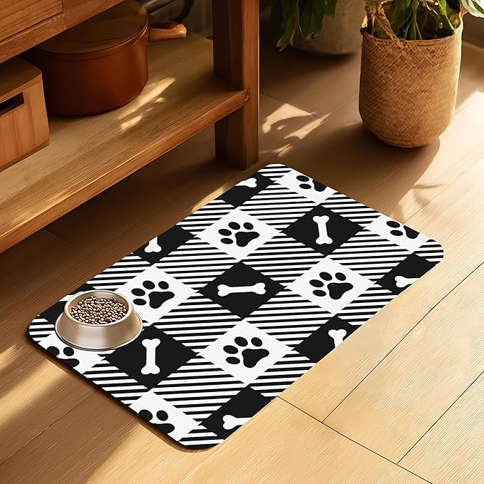 Paw Bone Plaid Pet Cat Dog Food Mat-Absorbent Quick Dry Feeding Placemat for Water and Food, No Stains Rubber Base Mat for Indoor Use, Pet Accessories 12"x20"