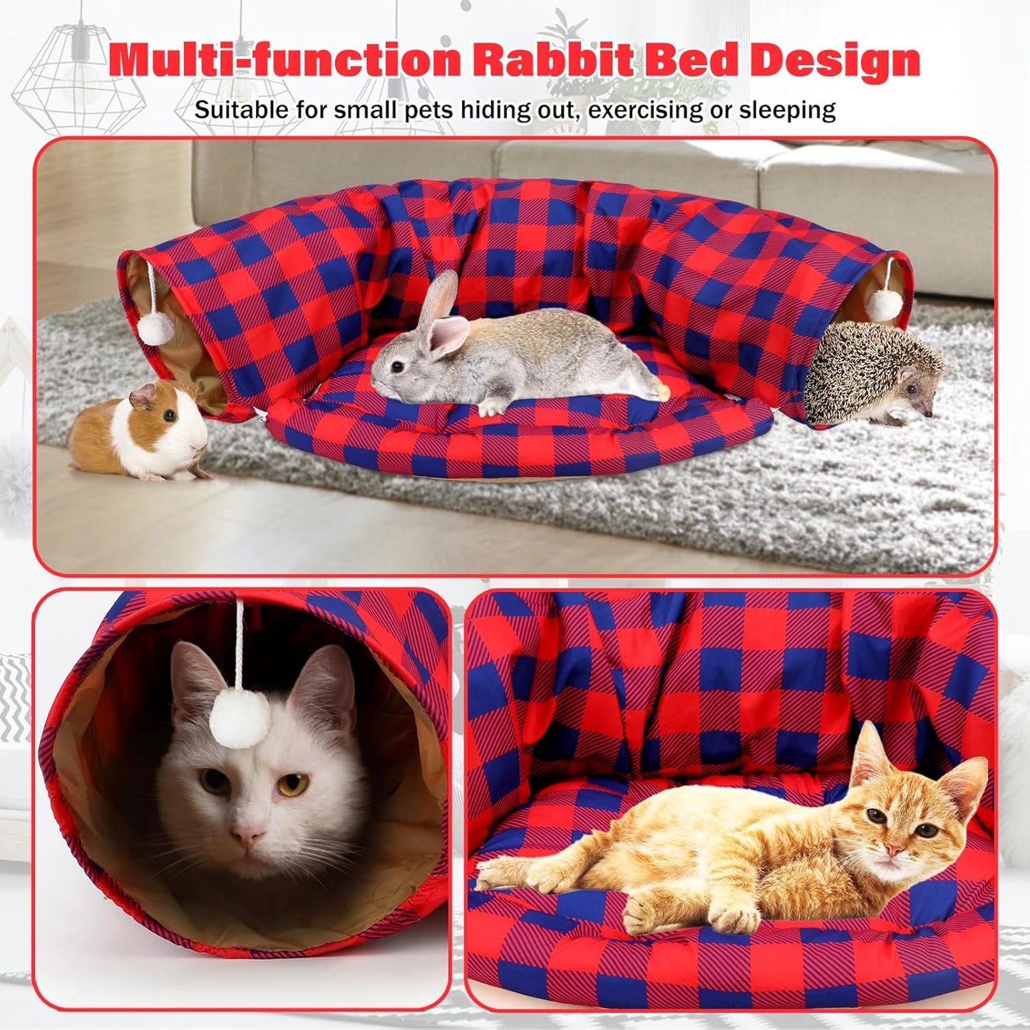 BWOGUE Bunny Tunnel Bed, 2-in-1 Collapsible Tunnel Tubes Toys with Removable Mat Hideout for Cats Kittens Rabbits Guinea Pigs Kitty (RedPlaid)