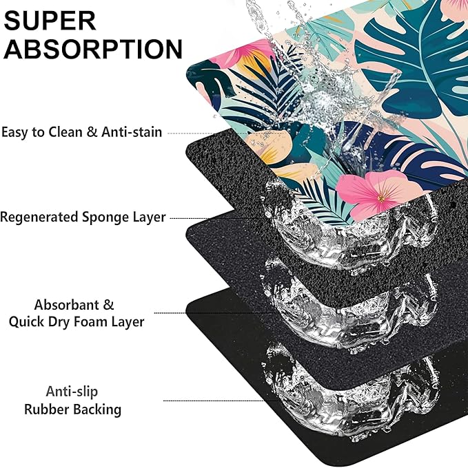 Tropical Leaves Flowers Pet Feeding Mat for Floors-Absorbent Dog Bowl Mat for Food and Water, Quick Dry Pet Cat Feeding Mats with Non Slip Bottom, Mess-Free Dog Accessories 16"x24"