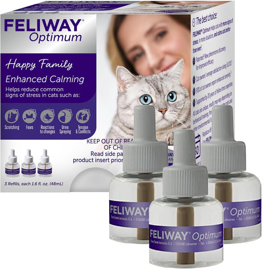 FELIWAY Optimum 3 x 30 Day Cat Calming Refills for Pheromone Diffuser, 3 x 48ml Value Pack - Helps Reduce Common Signs of Stress in Cats & Kittens, Enhanced Calming
