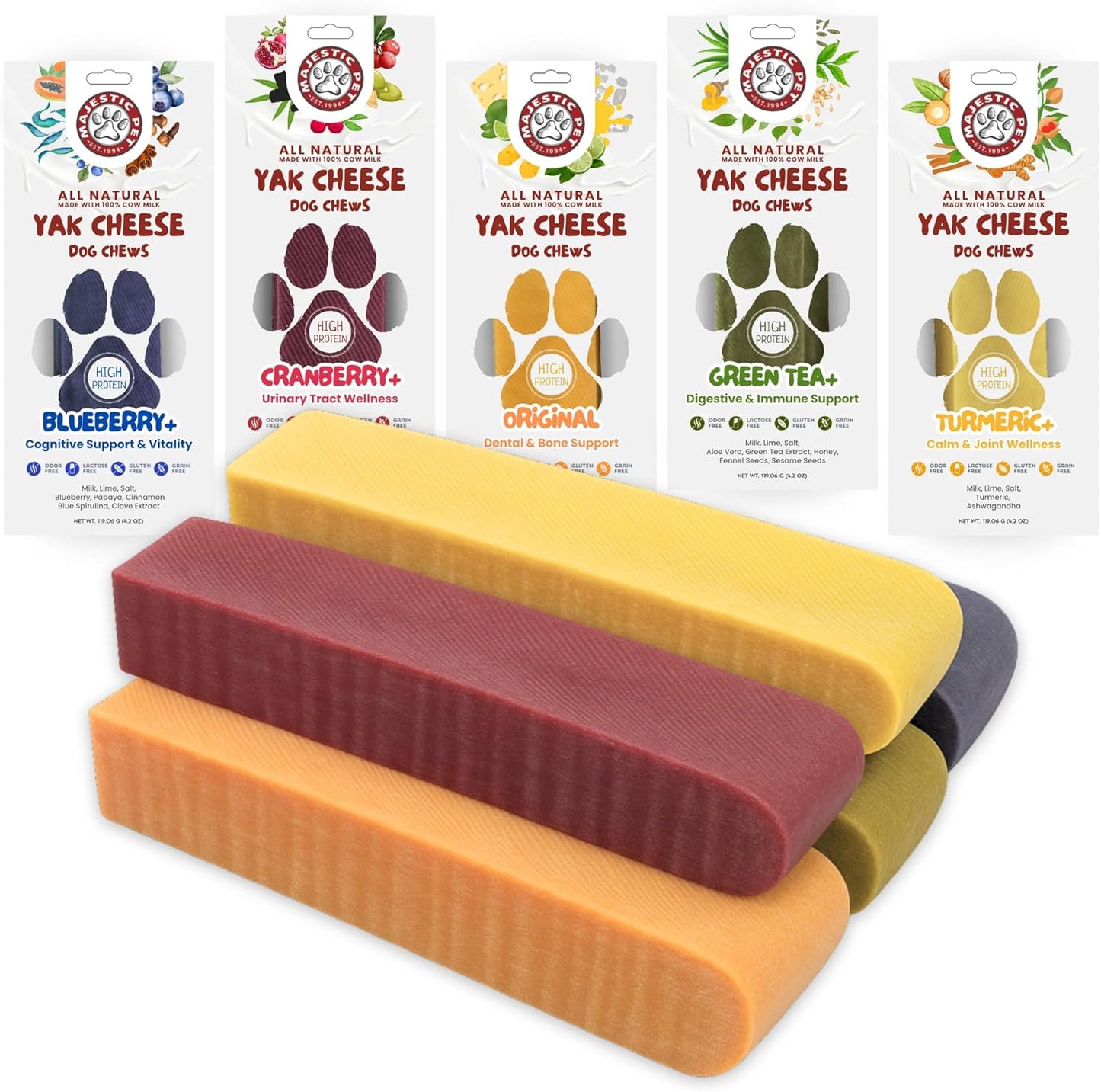 Majestic Pet Himalayan All-Natural Yak Cheese Dog Chews Made with 100% Cows Milk- Long Lasting Dental Chew for Dogs - Healthy Pet Treats with Beneficial Ingredients (Variety Pack, Large, 5 Pack)