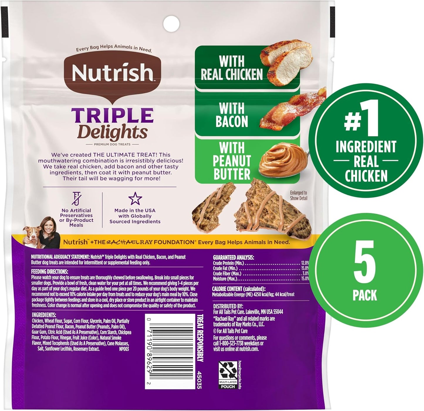 Nutrish Triple Delights Premium Dog Treats with Real Chicken, Bacon, and Peanut Butter, 4.5 oz. Pouch, Pack of 5