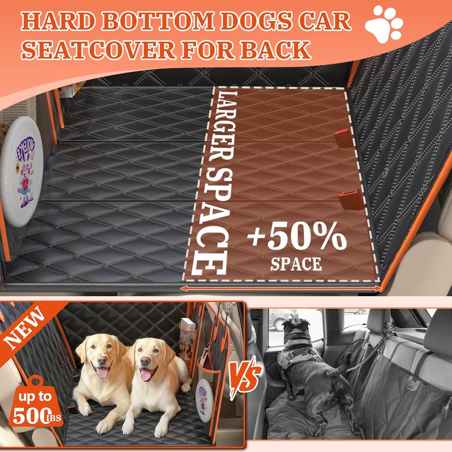 Dog Car Seat Cover for Back Seat，Hammock Seat Covers，Back Seat Extender for Dogs, Back Seat Pet Cover for Dogs Hard Bottom Holds 500lbs，Large Space Sturdy Waterproof Dog Seat Cover for Car, SUV, Truck