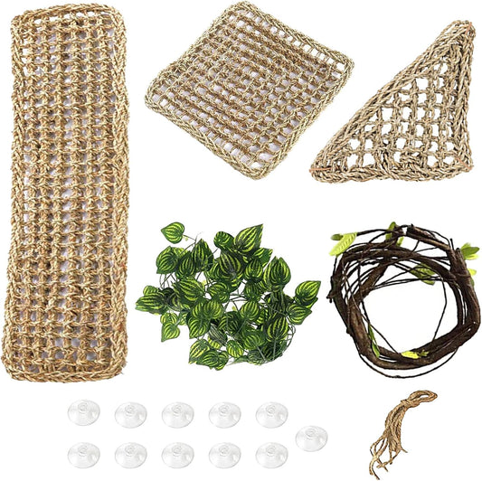 PINVNBY Hammock for Bearded Dragons,Lizard Lounger Reptile Natural Seagrass Habitat Decoration Reptiles Tank Accessories Jungle Climber Vines Flexible Leaves Climbing Decor for Gecko Chameleon(5 PCS)