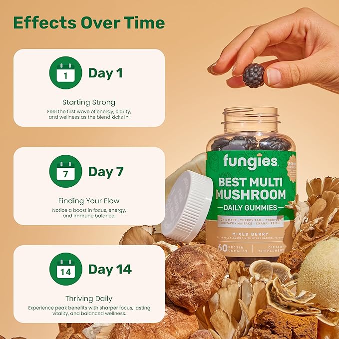 Fungies Multi Mushroom Gummies for Men & Women - Mushroom Supplement Includes Lion’s Mane, Cordyceps, Reishi, Chaga, Shiitake, Maitake & Turkey Tail - Gelatin-Free, Gluten-Free & Vegan Gummy Vitamins