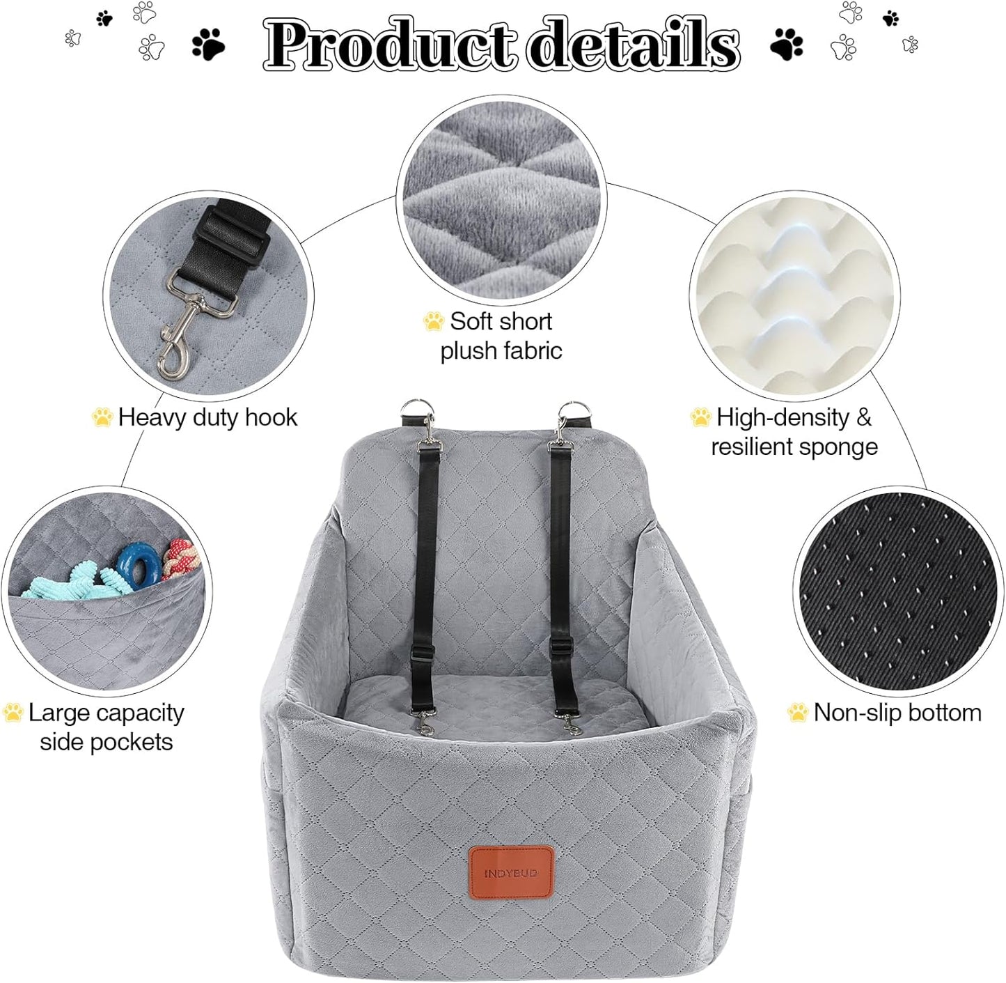 Dog Car Seat for Small/Medium Dogs up to 35 lbs, Memory Foam Pet Booster Seat with Detachable Washable Cover, Portable Pet Bed for Cars with Safety Belts and Storage Pockets(Grey, Medium)